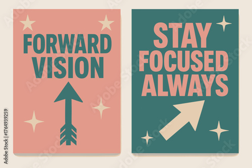 Retro Motivation Banners. Forward vision. Two vertical A6 banners with safe margins, centered composition, no elements touching edges, retro, pink and teal,