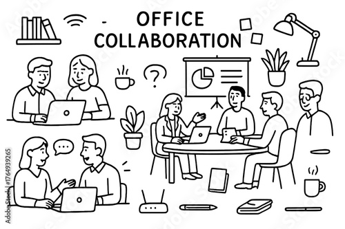 Office Collaboration Doodle. Office Collaboration. Hand-drawn doodle illustration Office Collaboration people discussing, laptops, desks, chairs, coffee cups,