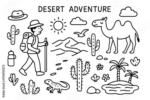 Desert Adventure Doodle. Desert Adventure. Hand-drawn doodle illustration Desert Adventure person hiking, camel, sand dunes, cactus, rocks, sun, clouds,