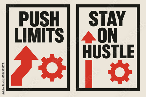 Brutalist Motivation Banners. Push limits. Two vertical A6 banners with safe margins, centered composition, no elements touching edges, brutalist, black and