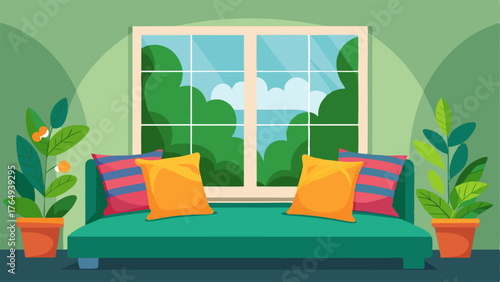 A cozy window seat adorned with colorful throw pillows with a view of a lush green indoor garden.
