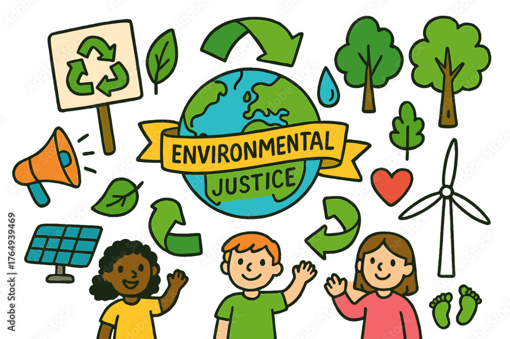 Fototapeta premium Environmental Justice Doodles. Environmental justice. Colorful Hand-drawn doodle Children illustration Environmental justice green earth, recycle arrows,