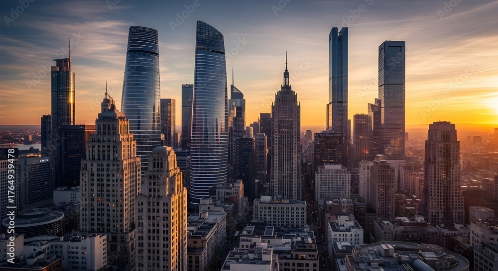 Fototapeta premium A breathtaking view of a modern city skyline at dawn, showcasing futuristic skyscrapers bathed in warm sunlight and a peaceful morning sky.