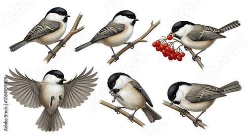 Dynamic wildlife photography composite showing six views of a titmouse: perched, interacting with berries, and with wings spread in take-off