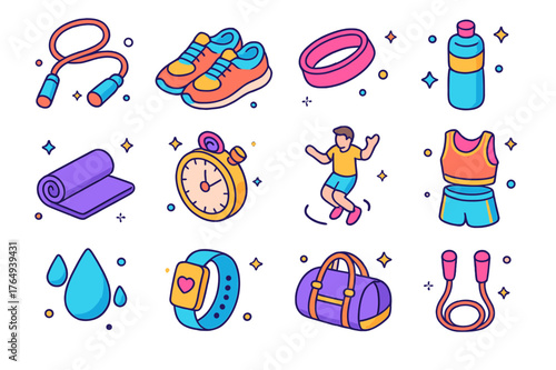 Exercise Icon Set. Exercise routine. Colorful isometric vector icons set of exercise routine: skipping rope, sneakers, sweatband, water bottle, gym mat,