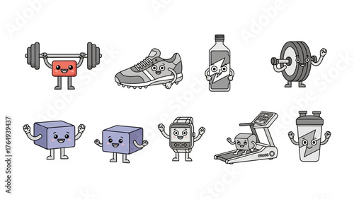 Animated Fitness Elements: A vibrant illustration showcasing an array of animated fitness equipment, personifying the elements of a dynamic workout routine. It captures the essence of health, fun.