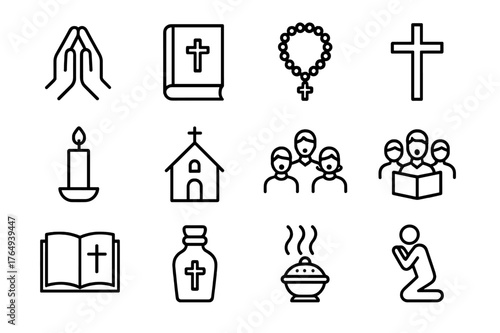 Prayer Meeting Icons. Prayer meeting. Line icon set of prayer meeting: praying hands, Bible, rosary, cross, candle, church, choir, prayer book, holy water,