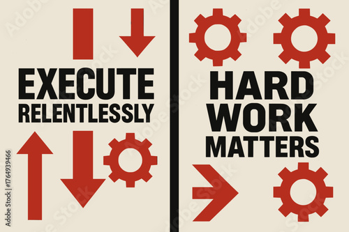 Brutalist Motivation Banners. Execute relentlessly. Two vertical A6 banners with safe margins, centered composition, no elements touching edges, brutalist,