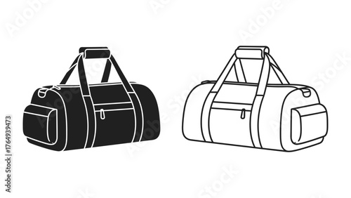Monochrome Gym Bag Duo: A stylized presentation of two gym bag, perfect for illustrating themes of sports and travel. Showing the features in dark and blank theme.