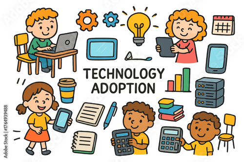 Colorful Tech Adoption Doodles. technology adoption. Colorful Hand-drawn doodle Children illustration technology adoption laptop, tablet, smartphone, coffee