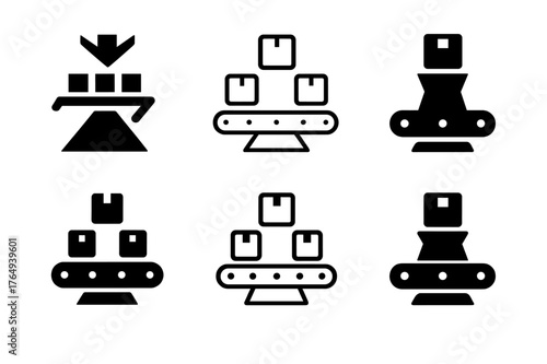 Logo Display Design. New arrivals display. Set Logo of New arrivals display: conveyor belt moving boxes toward display plinth. Icon set. harmonious logo