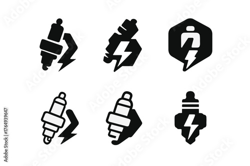 Mechanics Logo Grid. Car mechanics working on engines. Set Logo of spark system: spark plug and bolt. Icon set. harmonious logo variations of the