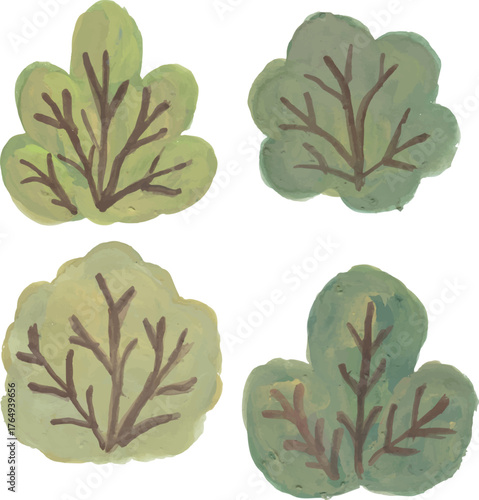 Hand Painted Green Bushes and Foliage Elements