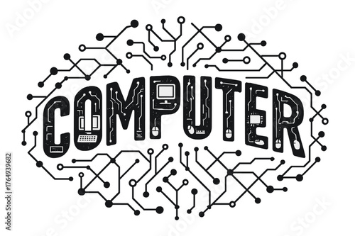 Tech Silhouette Artistry. Decorative Display Lettering ? "Computer" with silhouette letters containing tiny monitors, keyboards, mice, and circuit elements,