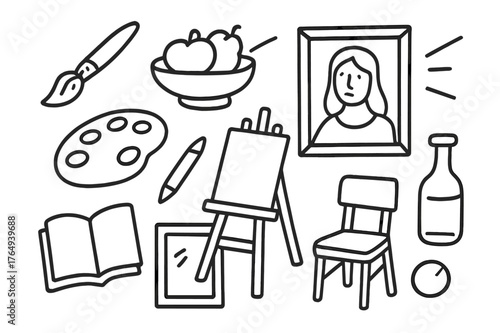 Art Tools Doodle. Realism painting. Hand-drawn doodle illustration realism painting brush, fruit bowl, portrait, light rays, frame, palette, easel, pencil,