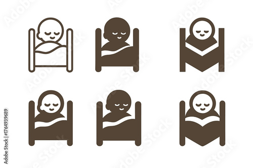 Baby Crib Logos. Baby in crib. Set Logo of Baby in crib: sleeping infant under blanket. harmonious logo variations of the same emblematic concept, each with