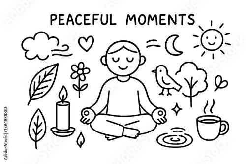 Tranquil Meditation Scene. Peaceful moments. Hand-drawn doodle illustration peaceful moments person meditating, leaf, candle, flower, heart, cloud, sun, breeze