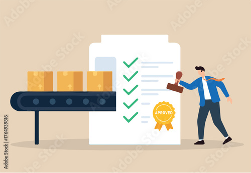 Flat illustration of quality control manager stamping approval badge on checklist while products move through conveyor belt