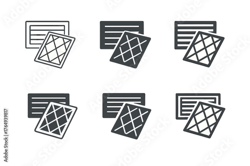 Air Filter Logos. Checking air filters. Set Logo of Checking air filters: HVAC return vent grille with slide-out filter. harmonious logo variations of the same