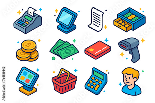 Colorful POS Icons Set. Point of sale setup. Colorful isometric vector icons set of point of sale setup: cash register, POS system, receipt, cash drawer,