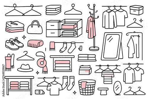 Colorful Closet Chaos. Tidying up. Hand-drawn doodle illustration hangers (colored), folded clothes (colored), storage boxes (colored), shoes (colored), bag
