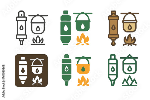 Wilderness Skills Logos. Survival and wilderness skills tourism. Set Logo of Survival and wilderness skills tourism: Water purification (portable filter &