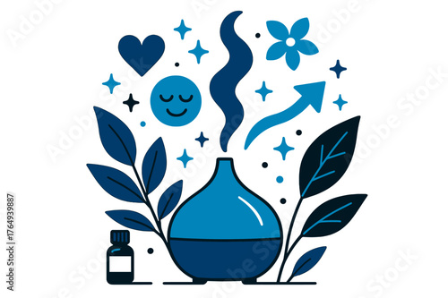 Calming Aromatherapy Essence. Aromatherapy oils. Diffuser releasing aromatic steam with abstract floating icons, leaves, and sparkles; conveys calm,