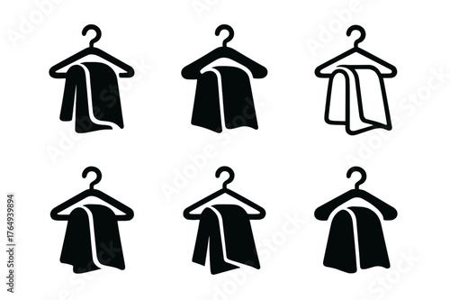 Coat Hanger Logos. Hanging up a coat. Set Logo of Hanging up a coat: hanger on closet rod with draped coat. harmonious logo variations of the same emblematic
