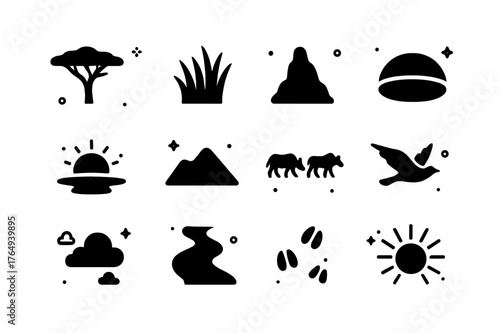 Savanna Icon Set. Savanna Landscape. Solid icons set of Savanna Landscape: acacia tree, tall grass, termite mound, watering hole, sunset, mountain, herd