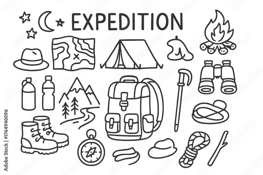 Obraz premium Adventure Gear Essentials. Expedition. Hand-drawn doodle illustration Expedition backpack, hiking boots, compass, map, tent, campfire, binoculars, mountains,