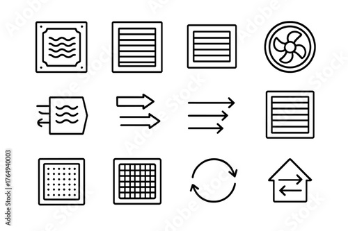 Ventilation Icon Set. Ventilation. Line icon set of Ventilation: ceiling vent, wall vent, floor register, duct fan, air intake, air exhaust, airflow arrows,