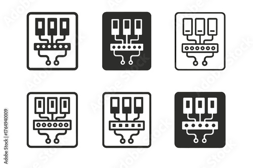 Electrician Logo Set. Electricians working with wiring and systems. Set Logo of distribution board: fuse box with bus bars. Icon set. harmonious logo