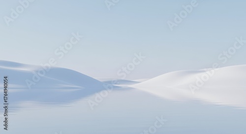 Dreamlike Snowy Landscape with Gentle Curves, Reflective Lake, and Soft Diffused Winter Light in Cool Tones of Blue and White, Creating a Tranquil, Balanced Minimalist Composition