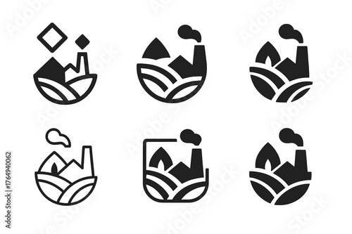 Diverse Logo Concepts. Brand storytelling. Set Logo of Brand storytelling: Product origin (field to factory) icon. harmonious logo variations of the same