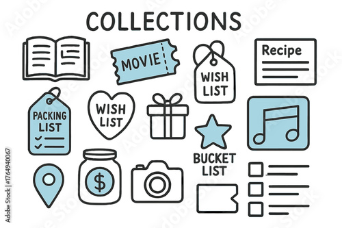 Doodle Collection Icons. // Collections pages. Hand-drawn doodle illustration Collections pages [books to read list (accented), movies ticket (accented),