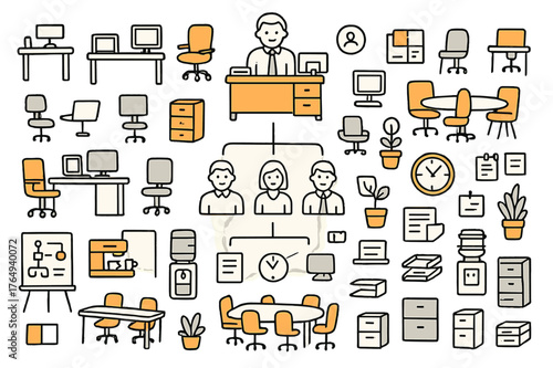 Corporate Office Doodles. Corporate hierarchy. Hand-drawn doodle illustration manager desk (colored), team members (colored), office desks (colored), computers