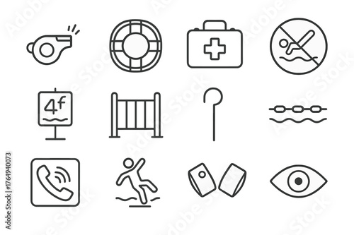 Pool Safety Icons. Pool Safety. Line icon set of Pool Safety: lifeguard whistle, life ring, first aid kit, no diving sign, depth marker, pool fence, rescue