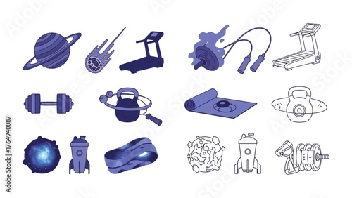 Fitness Icon Collection: A set of dynamic fitness icons showcases a diverse array of exercise equipment.
