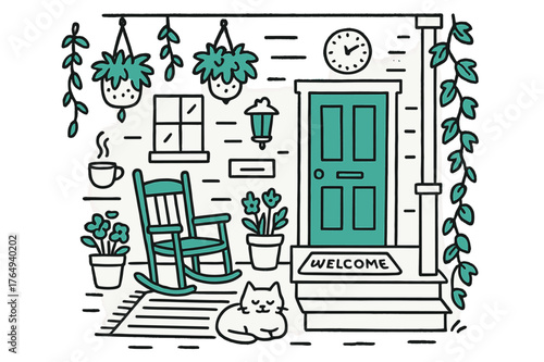 Cozy Porch Doodle. // Cozy front porch. Hand-drawn doodle illustration Cozy front porch [door (accented), steps, rocking chair (accented), hanging plants