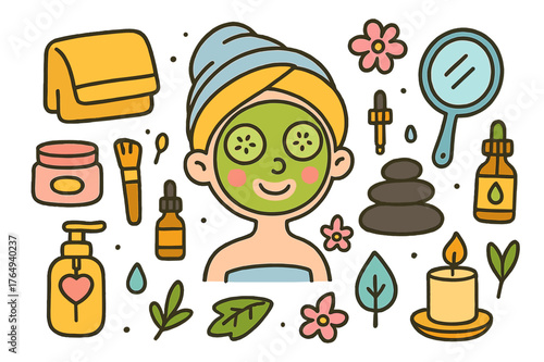 Facial Treatment Doodles. facial treatment. Colorful Hand-drawn doodle Children illustration facial treatment face mask, cucumber slices, headband, towel,