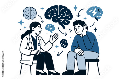 Mental Health Discussion. Brain disorders and conditions. Doctor and patient discussing mental health with abstract floating brain icons, arrows, and sparkles;
