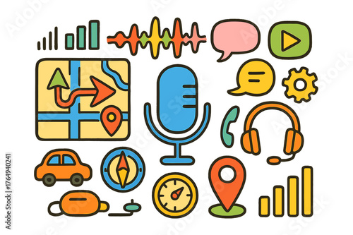 Cartoon Navigation Interface. Navigation voice assistant interface. Colorful Hand-drawn doodle Children illustration Navigation voice assistant interface