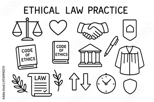 Ethical Law Icons. Ethical law practice. Hand-drawn doodle illustration ethical law practice justice scales, heart, handshake, code of ethics book, document,