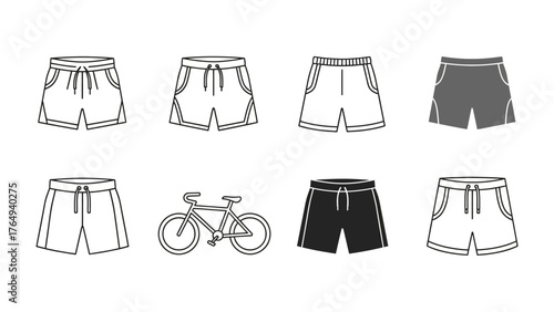 Shorts and Bicycle Icon Set: A collection of various style shorts with a bicycle icon, showcasing athletic clothing and sports gear. 