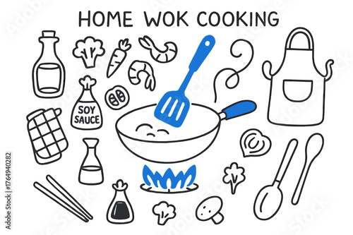 Home Wok Cooking. // Home wok cooking. Hand-drawn doodle illustration Home wok cooking [gas stove flame (accented), wok (accented), shrimp, spatula (accented),