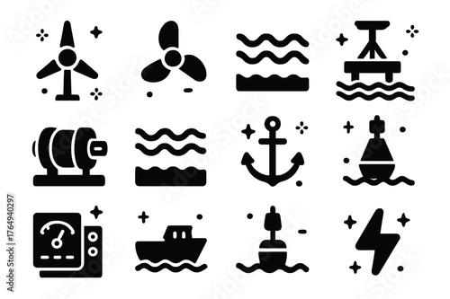 Hydrokinetic Energy Icons. Hydrokinetic Energy. Solid icons set of Hydrokinetic Energy: tidal turbine, propeller, waves, underwater platform, generator, sea,
