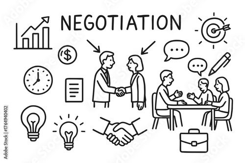 Negotiation Doodle Art. Negotiation. Hand-drawn doodle illustration negotiation people shaking hands, discussion table, arrows toward center, chart, coin,