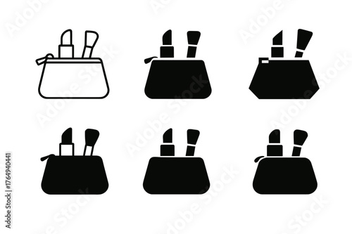 Cosmetic Bag Logos. cosmetic bag. Set Logo of cosmetic bag: zipper pouch with lipstick and brush peeking out. Icon set. harmonious logo variations of the same