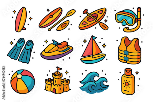 Beach Fun Icons. Beach fun. Colorful isometric vector icons set of beach fun: surfboard, paddleboard, kayak, snorkeling mask, diving fins, jet ski, sailboat,