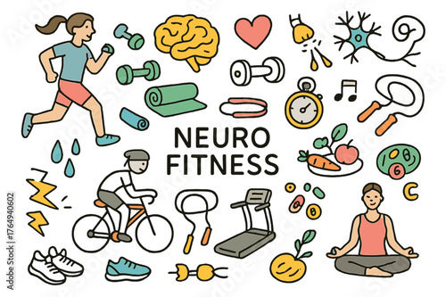 Neuro Fitness Icons. Neuro fitness. Hand-drawn doodle illustration running person (colored), dumbbells (colored), yoga mat (colored), cycling (colored), heart